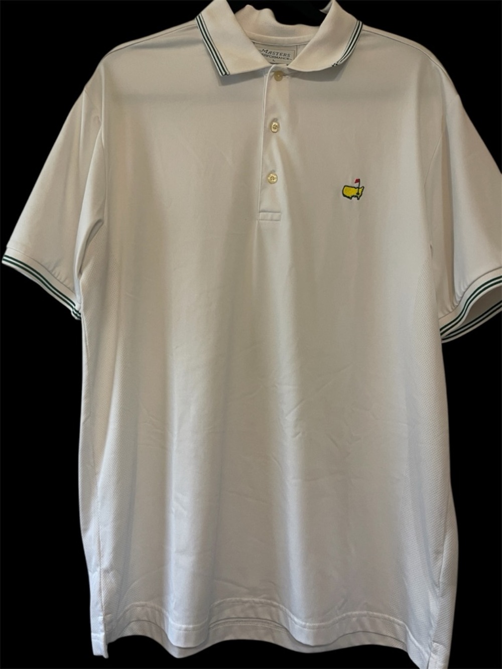 Masters White Polo with Green Trim and Yellow Embroidered Logo